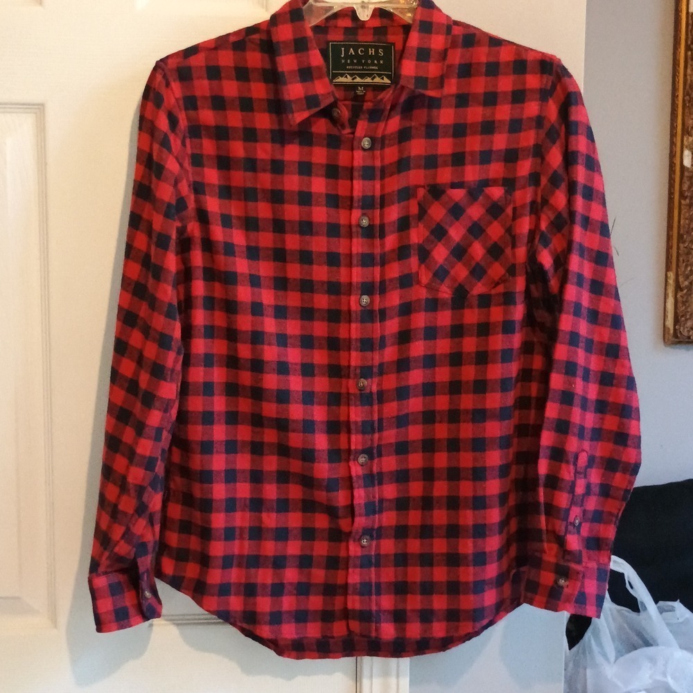 JACHS New York Mens Flannel Shirt Red Black Plaid Recycled - Medium